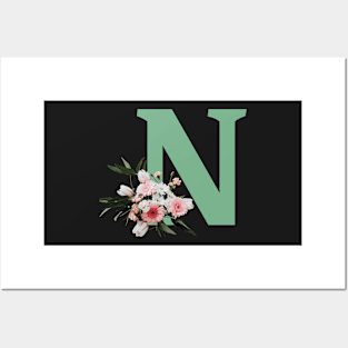 Letter N green with colorful flowers Posters and Art